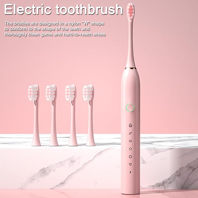 Electric Toothbrush with 4 Brush Heads 6 Modes Smart Timers IPX7 Waterproof USB Rechargeable 42000VPM Adults Toothbrush Set Travel Toothbrush Rechargeable Portable 4 Brush Heads Pink