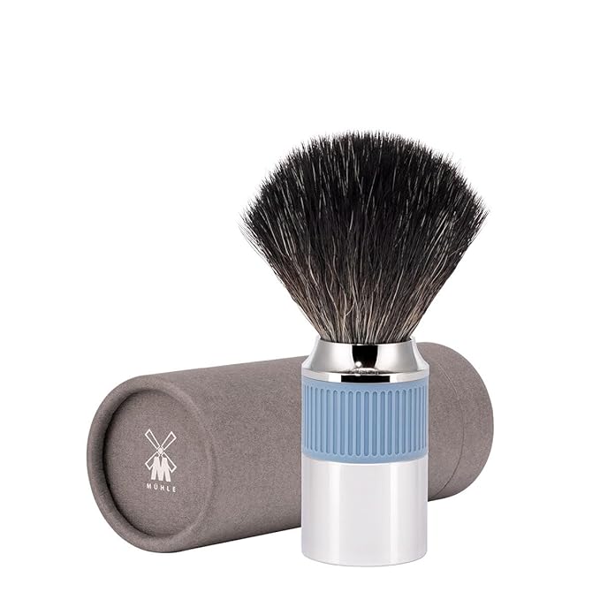 MÜHLE NEO shaving brush | Vegan Shave Brush for Shaving soaps and creams | sustainable eco-friendly and reusable |exfoliating shaving brush | chrome with glacier blue silicone grip handle