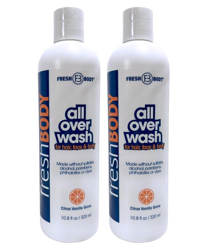 Fresh Body FB All Over Wash for Hair, Face & Body - Shampoo and Body Wash for Men & Women, Citrus Vanilla Grove Shower Gel, 10.8oz (2 Pack) Made without Alcohol, Sulfates, Dyes or Parabens