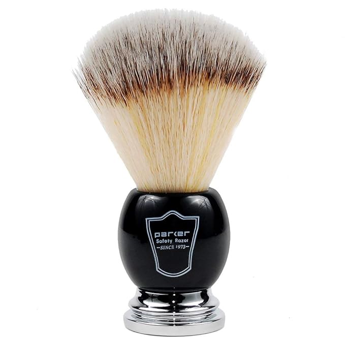 Parker Deluxe Synthetic Silvertip Shaving Brush – 22 mm Ultra‑Soft Knot, Chrome & Black Handle + Acrylic Stand for Proper Drying