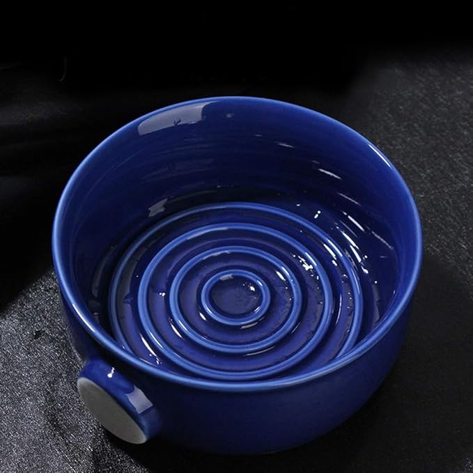 ZJchao Shaving SOAP Bowl HIGH Capacity Ceramic SOAP Cup Men Shaving Convex CONCAVE Spiral Groove Design Easy Foam ARC Closed Non Slip Handle Large (Blue)
