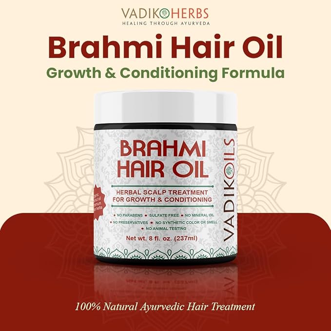 Vadik Herbs Brahmi Hair Oil (8 oz) All natural herbal hair oil for hair growth, hair conditioning, dandruff and dry scalp with Rosemary Oil | Herbal scalp treatment
