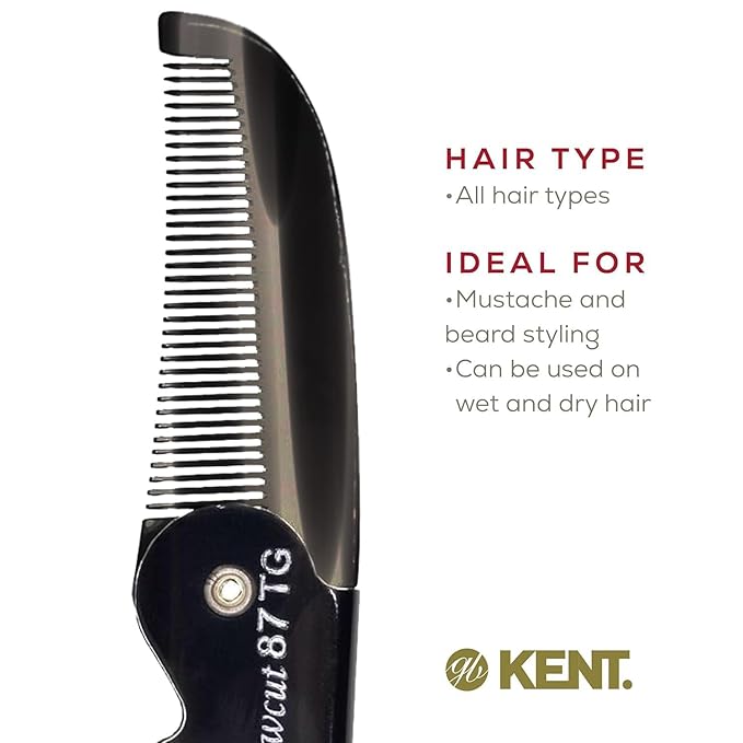 Kent 87T Combo Handmade Folding Pocket Comb for Men, Fine Tooth Hair Comb Straightener for Everyday Grooming Styling Hair, Beard or Mustache, Use Wet or Dry, Saw Cut Hand Polished, Made in England