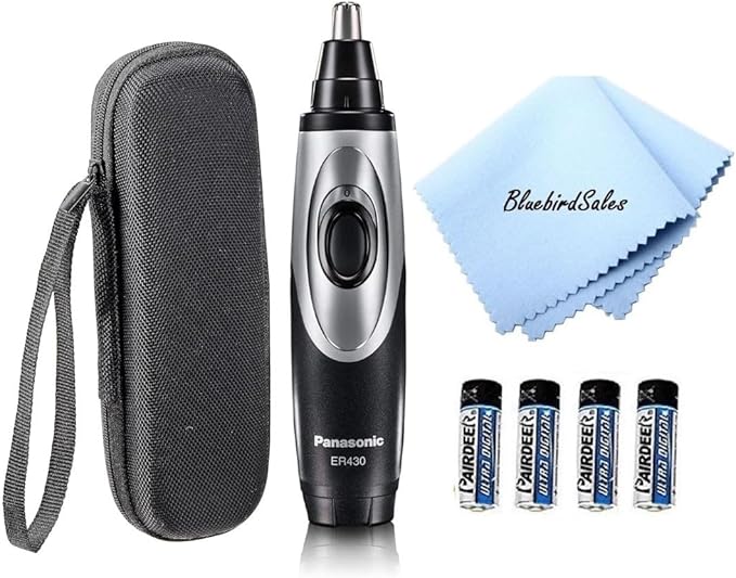 Panasonic Shaver ER430K Nose, Ear and Facial Hair Trimmer Wet/Dry with Vacuum Cleaning System with BluebirdSales Travel Case, Cleaning Cloth and 4 AA Battery Pack