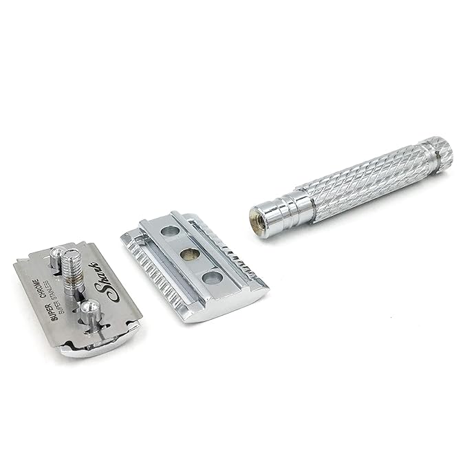Parker 94R “Hefty” Double-Edge Safety Razor with Standard-Length Handle + 5 Premium Blades – Chrome-Plated Brass, Three-Piece Design, Balanced Weight for Classic Wet Shaving