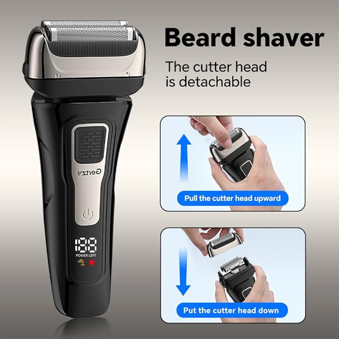 Gertzy Electric Shaver for Men Face, Men's Razor, Cordless Beard Foil Shavers with Pop Up Trimmer, Wet Dry Waterproof Rechargeable Type-C Charging, LED Display (Black)