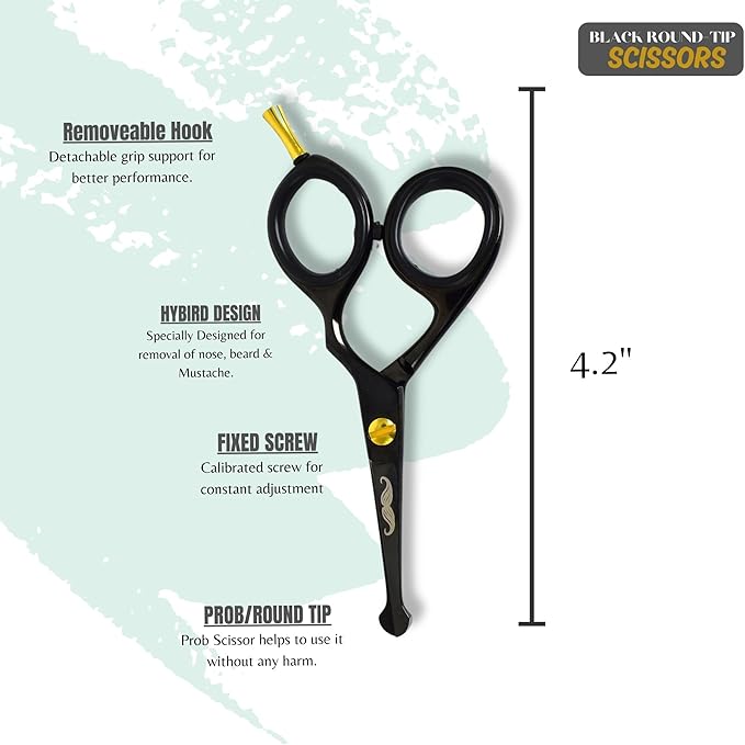 Rounded-Tip Trimming Scissors for Men – Stainless Steel High Carbon Beard, Mustache, and Ear Hair Grooming Scissor (Black-Round-Tip)