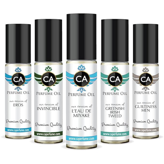 CA Perfume Best Summer Perfume Men Set Impression of (Invincible + Leau Issara Mikai + Guiltiness + Greenish Irish Tweed + Eros) Fragrance Body Oils Essential Travel Size Roll-On (0.3 Fl Oz/10 ml) x5