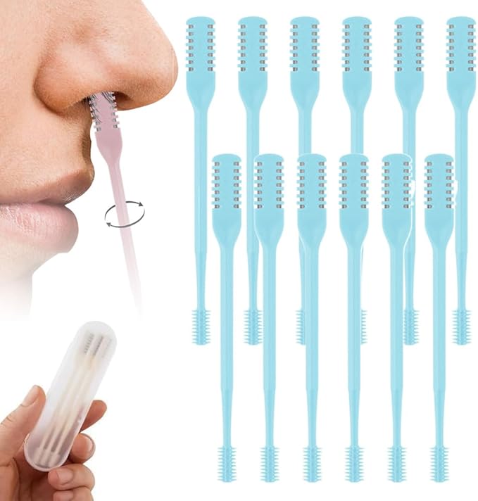 2-in-1 Nasal Hair Cutter, 2025 Professional Nose Hair Trimmer with 360° Rotation & Ear Picker, Dual-Blade Manual Nasal Grooming Tool with Soft Cleaning Brush for Men and Women (Blue, 12 PCS)