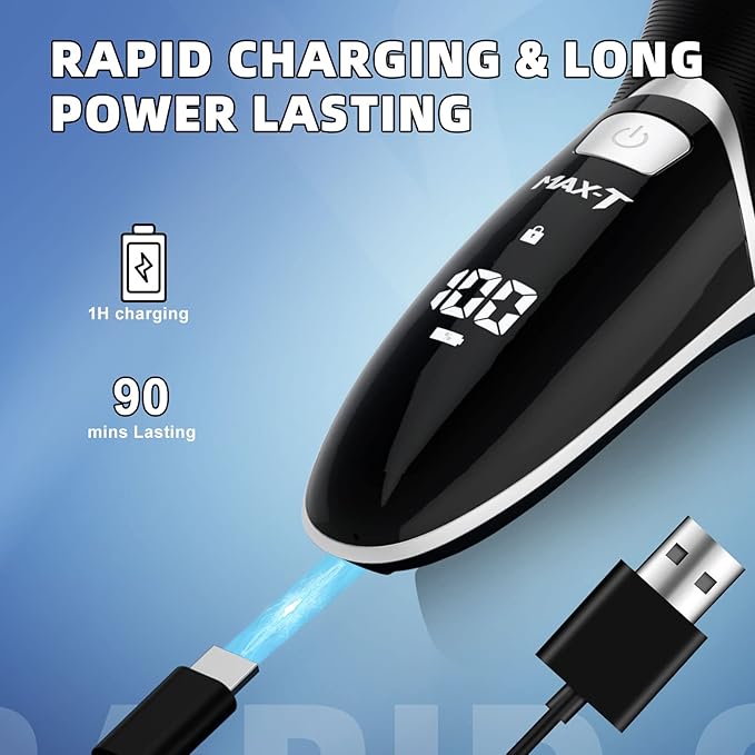 Electric Shaver Razor for Men, MAX-T Quick Rechargeable Wet Dry Rotary Shaver with Pop Up Trimmer and LED Display, IPX7 100% Waterproof (8101 with USB Cable)