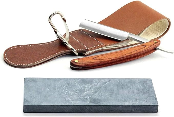 Grandslam Straight Razor Shave Ready Handmade Sharpened, 420 Steel Straight Razor Blade, 2 Layers Long Leather Canvas Strop, Sharpening Stone,2 Side Grit 3000 Waterstone Knife Sharpener