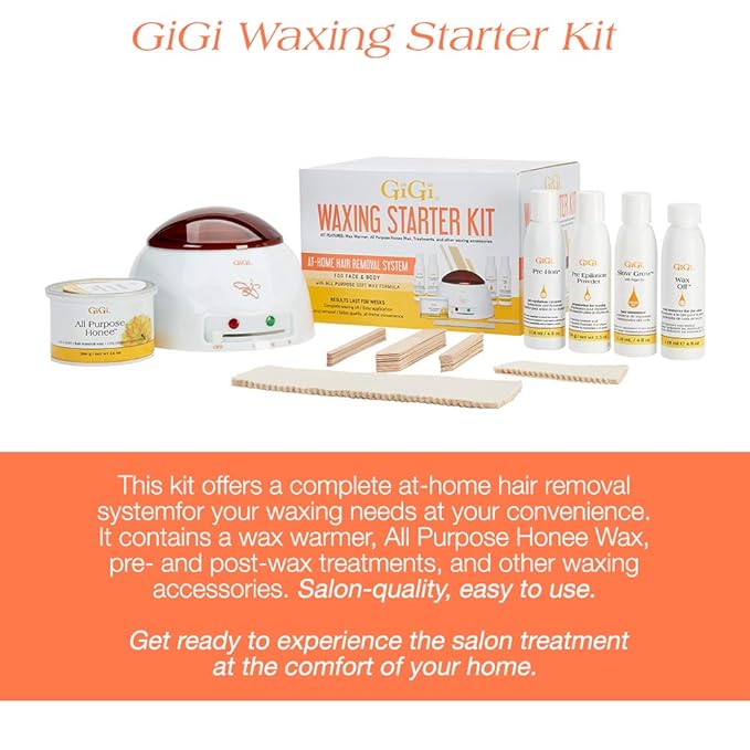 GiGi Waxing Starter Kit - At-Home Hair Removal Kit for Face & Body, Soft Wax Warmer, Pre & Post Waxing Care