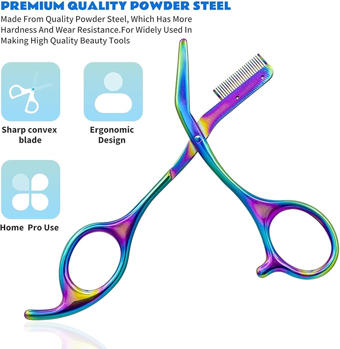 Eyebrow Scissors with Comb - Stainless Steel Eyebrow Trimmer for Women and Men, Facial Grooming Scissors Kit, Professional Precision Eyebrow Trimmer,Perfect For Gifts for Men and Women,Rainbow
