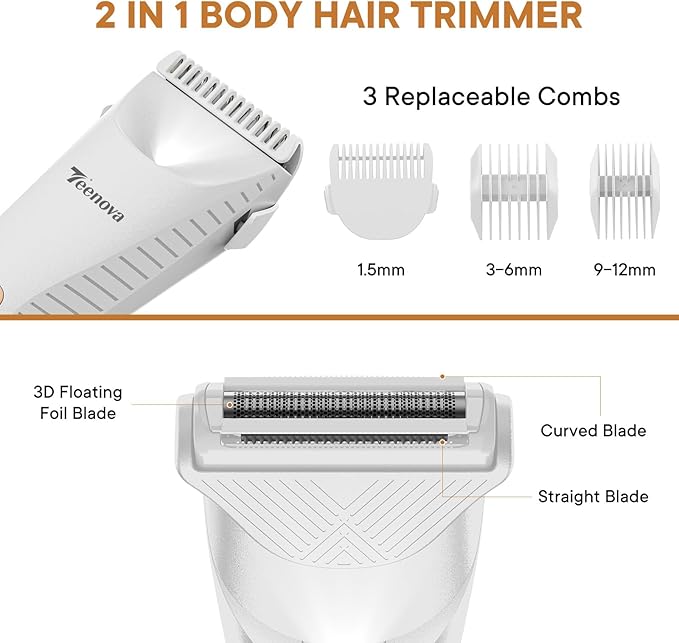 Pubic & Body Hair Trimmer for Men, 2 In 1 Electric Ball Groin Razor Shaver with Ceramic Blade, No Nick Mens Grooming Kits for Wet/Dry Use, Cordless Charging Body Groomer with Led Display,White