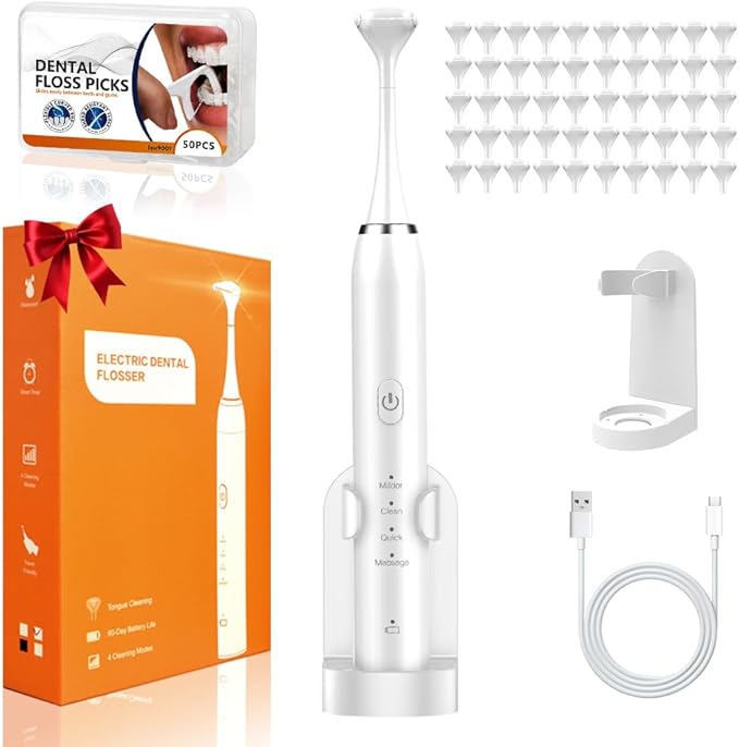 Electric Flosser for Teeth 4 Speeds,Electric Dental Flosser with 50 Replacement Heads,Rechargable Power Flosser for Teeth Cleaning Adults Men and Women