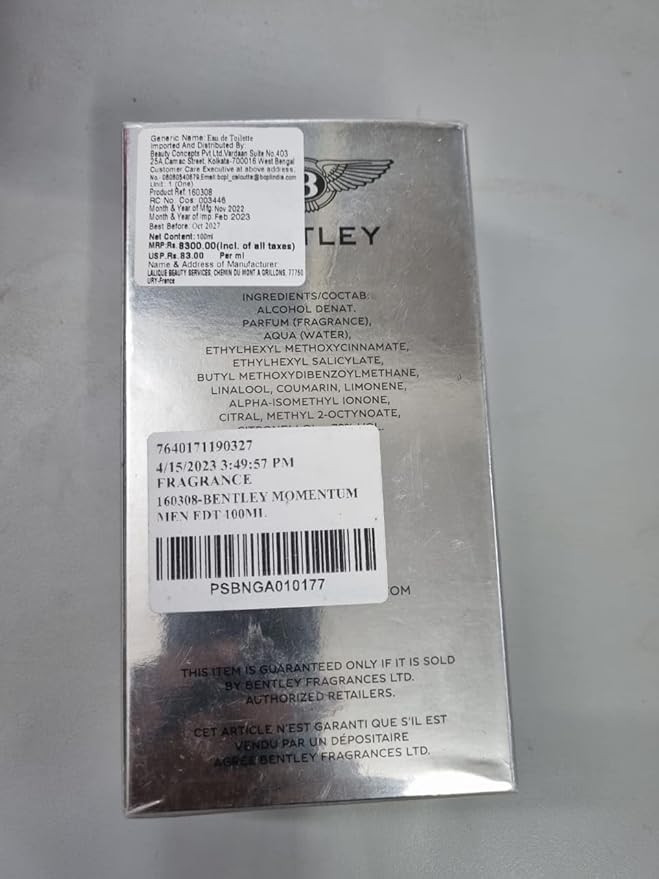 Bentley Momentum Eau De Toilette Spray for Men, 3.4 Fl Oz