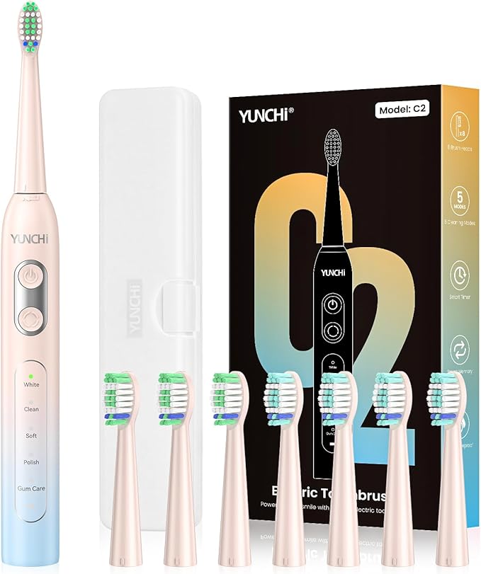 YUNCHI Sonic Electric Toothbrush, Electric Toothbrush for Adults and Kids, Rechargeable Battery Toothbrushes, 4 Brush Heads, 2 Min Timer, IPX7 Waterproof, 5 Modes, Blue Yellow Gradient