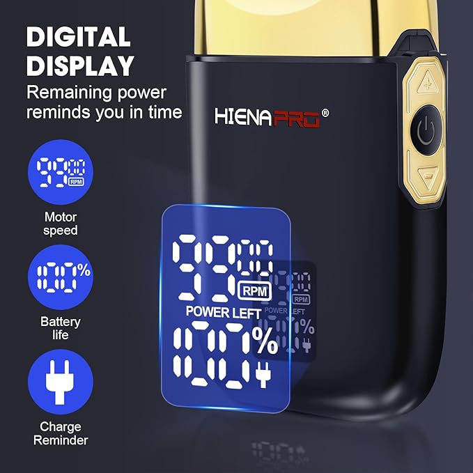HIENA PRO Foil Shaver for Men Barber, Double Electric Foil Trimmer, Professional Electric Razor, Close Shaver, Cordless Rechargeable with USB, Detachable Design, LED Display, Black Gold