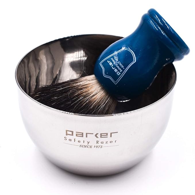Parker 100% Black Badger Shaving Brush with Blue Wood Handle & Stand – Premium Wet‑Shaving Lather Brush for Men