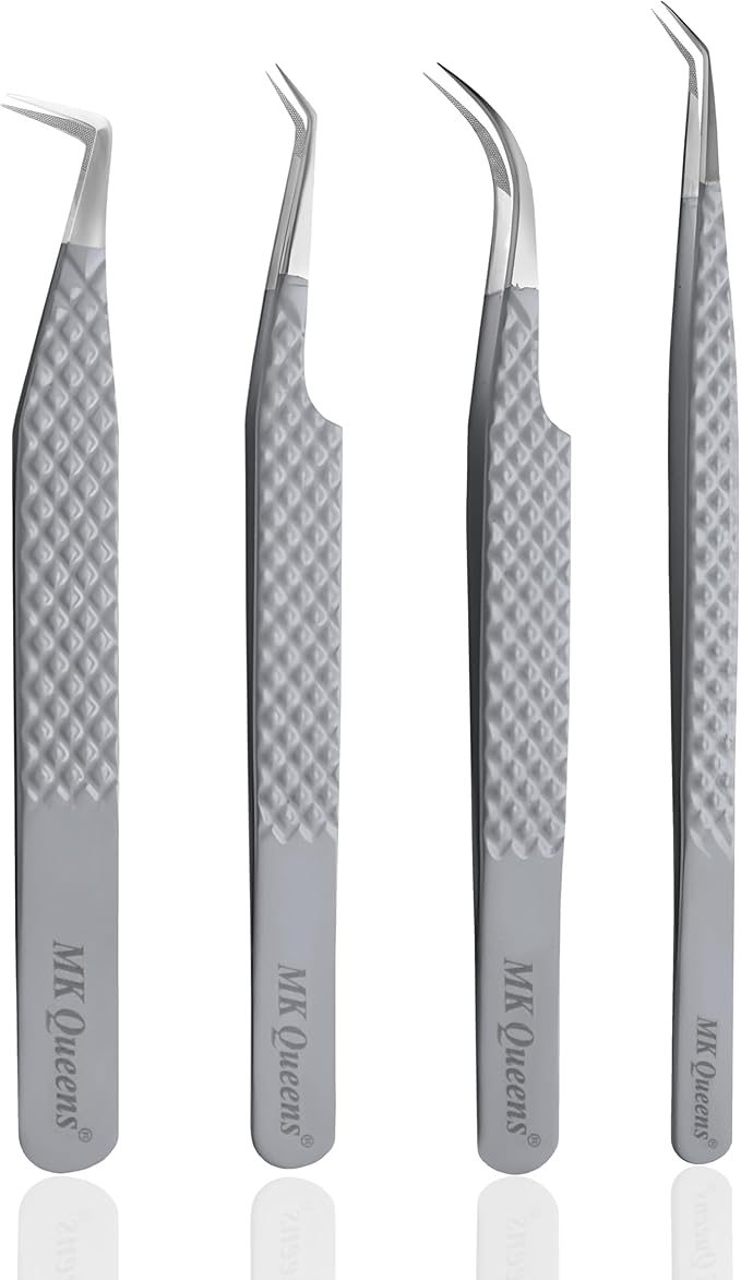 Lash Tweezers - Stainless Steel Fiber Tip Eyelash Tweezers (Set of 4) - Diamond Grip Professional Lash Tweezers for Eyelash Extensions (Grey)