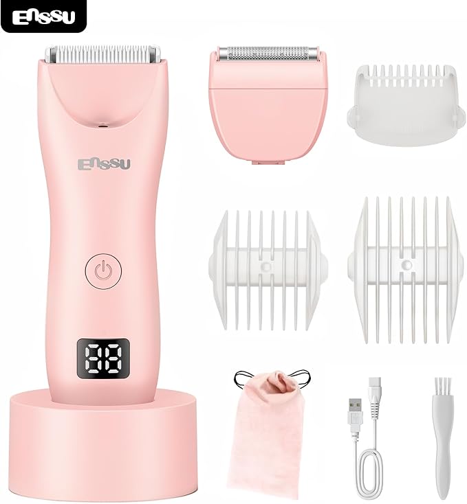 Bikini Trimmer for Women - 2 in 1 Pubic Hair Trimmer IPX7 Waterproof, Razors for Women with LED Light & USB Charge, Painless Electric Shaver with Ceramic Blade for Bikini Legs Arm Underarm