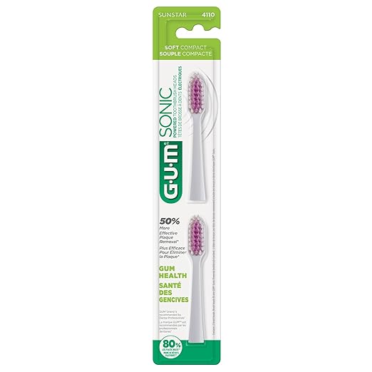 GUM Sonic Powered Toothbrush, Tapered Bristles Clean Below The Gumline, Bundle, White, 1 Handle(1 Count) + 2 Refills 2 Count(Pack of 1)