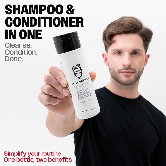 Slick Gorilla 2 in 1 Shampoo and Conditioner for Men 200ml / 6.76 fl oz | Cleans, Strengthens, Hydrates | Infused with Natural Ingredients | Healthy Fresh Hair | All-in-One Daily Grooming Solution