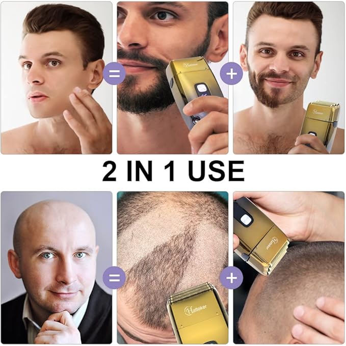 Hatteker Foil Head Shaver Triple Blades Electric Shaver Razor for Men Close Bald Head Barber Trimmer Waterproof Wet & Dry, Cordless, Gold