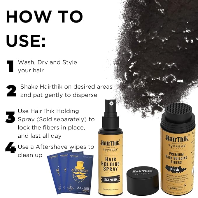 Supreme Trimmer Hair Building Fibers 8-in-1 Kit | 25G Keratin Fibers, Pump Nozzle, Hairline Cards, S&L Shaker, Brush, Wipes, Mirror | Conceal & Thicken Thinning Hair in Men & Women | Black