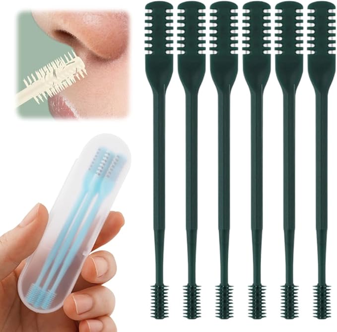 2-in-1 Nasal Hair Cutter, 2025 Upgrade 360° Rotating Nose Hair Trimmer with Double-Sided Blade & Ear Pick, Manual Nostril Hair Removal Tool for Men and Women, Soft Cleaning Brush (Dark Green, 6PCS)