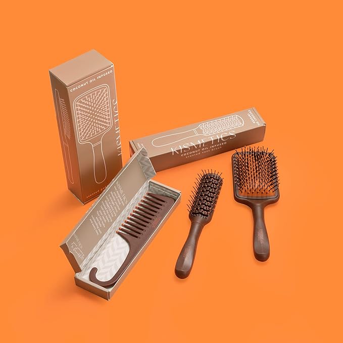 Coconut Oil Infused HAIR BRUSH, Scented Paddle Brush, for Gentle Detangling, Scalp Massage or Blow-dry. For All Hair Types. Brown