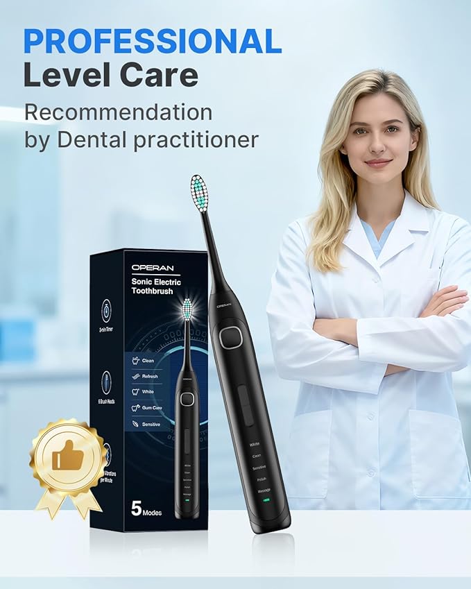 Operan Electric Toothbrush Rechargeable with 8 Brush Heads and Sonic Toothbrush with 5 Modes 2-Min Smart Timer & IPX7 Waterproof Electric Toothbrush for Adults, Travel Case (Black, 1Pack)