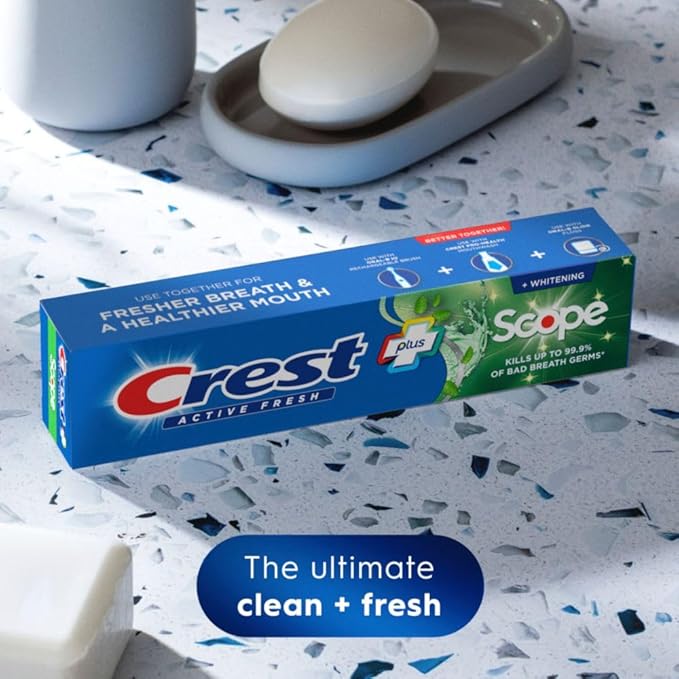 Crest Whitening Plus Scope, Complete Active Fresh + Whitening Toothpaste, 5.5oz, Toothpaste Sensitive Teeth, Pack of 4