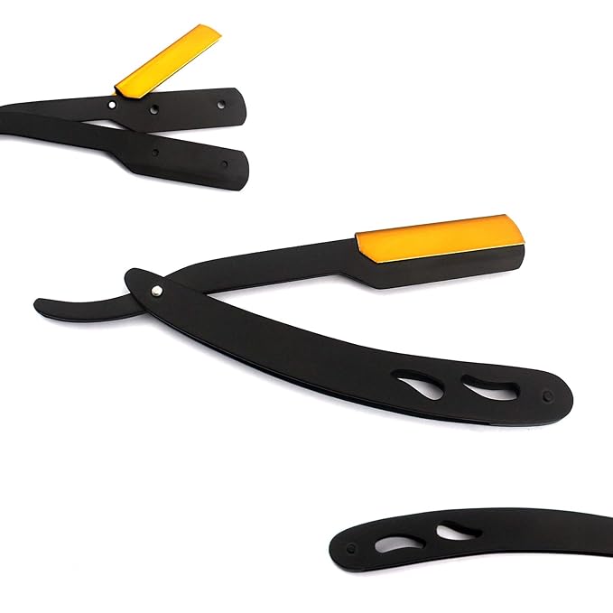 G.S Black & Gold Combination Stainless Steel Barber Straight Edge Razor With 100 Count Blades - Made Of Platinum Stainless Steel - With Easy Blades Replacement Mechanism