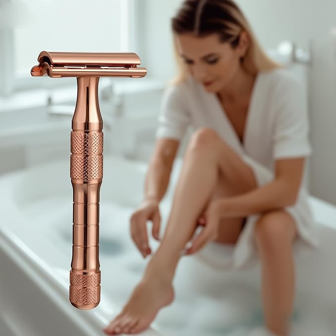 Elegant Rose Gold Safety Razor for Women–Vintage Double Edge Razor with 10 Swedish Blades, Stainless Steel Handle, Gift Box Set by Echolly (Solar Crown)