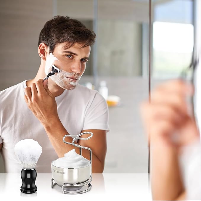 Shaving Brush Set for Men, 3 in1 Shaving Kit Includes Nylon Badger Hair Shaving Brush, Stainless Steel Shaving Bowl and Stand for Wet Shave