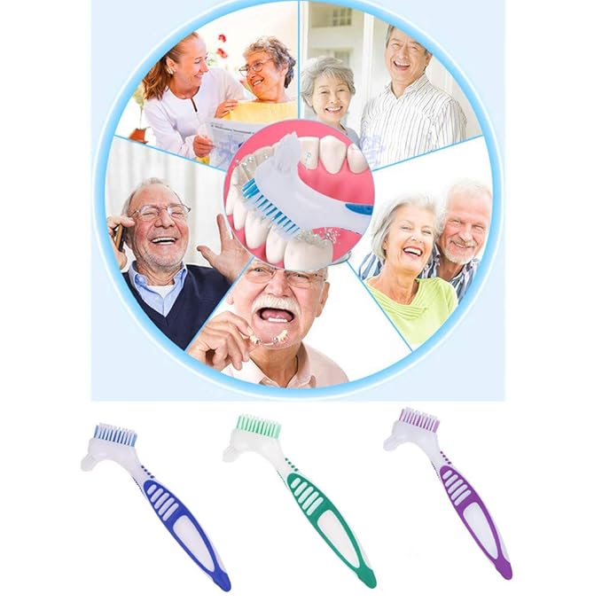 3 Pcs Denture Cleaning Brush Portable Cleaning Brush False Teeth Brushes for Denture Care Denture Cleaner with Multi-Layered Soft Bristles and Dual Angled