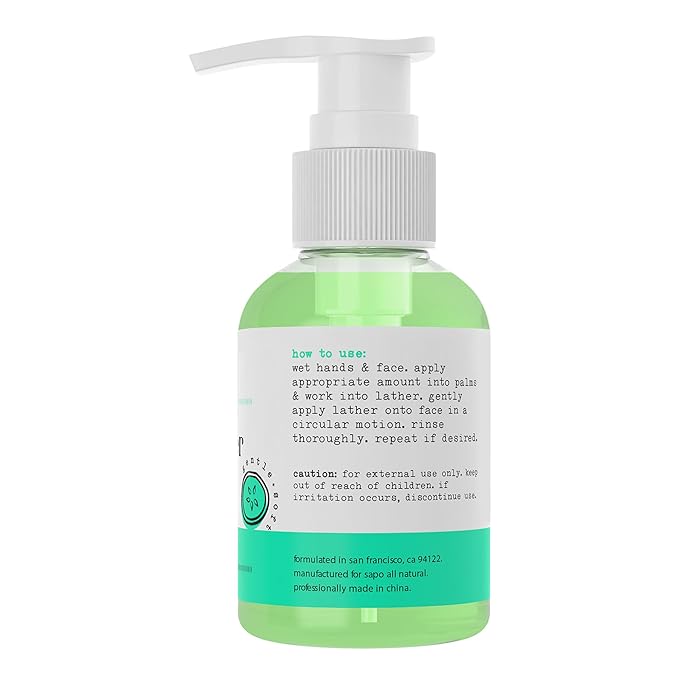 Sapo Cucumber Face Cleanser, Gentle Gel Wash with Aloe, Coconut Oil, Neem + Watercress, Hydrating pH-Balanced Facial Cleanser, 4 oz