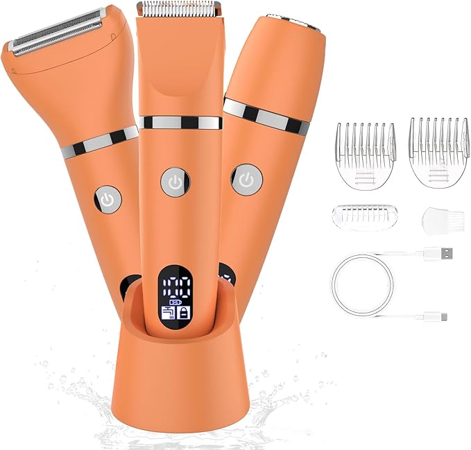 3-in-1 Electric Razor IPX7 Waterproof Bikini Trimmer Wet & Dry Use Painless Personal Trimmer Groomer for Ladies Face Body Legs Bikini Public Hairs Electric Lady Shaver with Replaceable Heads