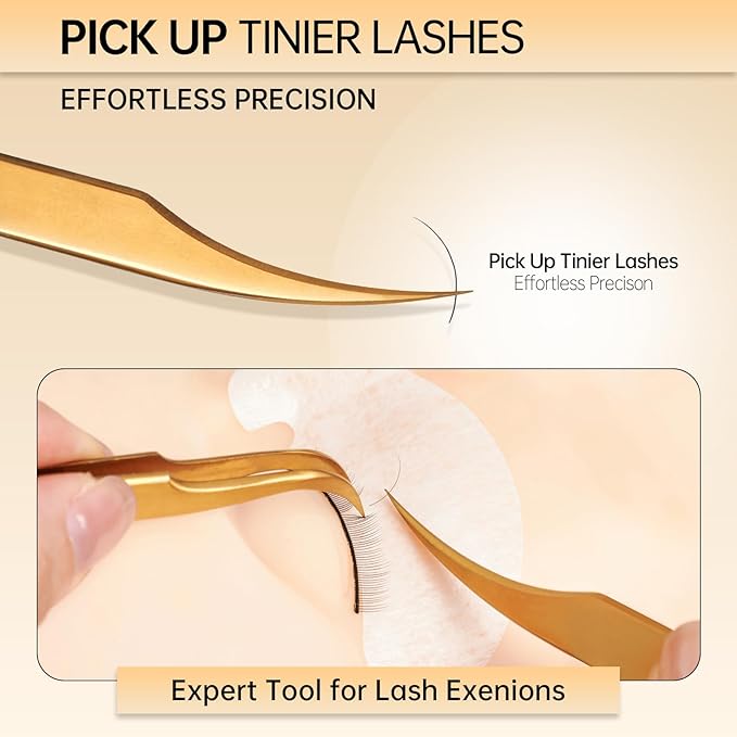 MGER Lash Tweezers for Eyelash Extension-Professional Lashing Tweezers for Mega Volume Mink Eyelashes Extensions Applying, Gold tweezers
