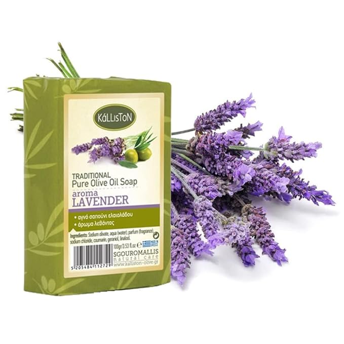 Kalliston, Olive Oil Soap with Lavender extract, Includes Pumice Stone, all-natural soap bars, Product of Greece, Pack of 4
