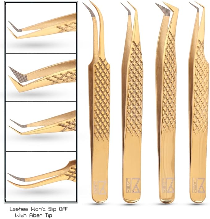 M LASH Tweezers for Eyelash Extensions (Set of 4) - Professional Lash Extension Tweezers - Fiber Tip, Japanese Steel, Diamond Grip Eyelash Extension Tweezer set (Gold)