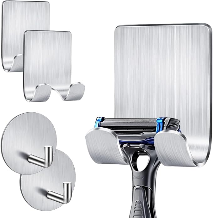 Adhesive Razor Holder & Hook Combo Pack (2+2) - Waterproof 304 Stainless Steel Organizers for Bathroom, Shower, Kitchen Use