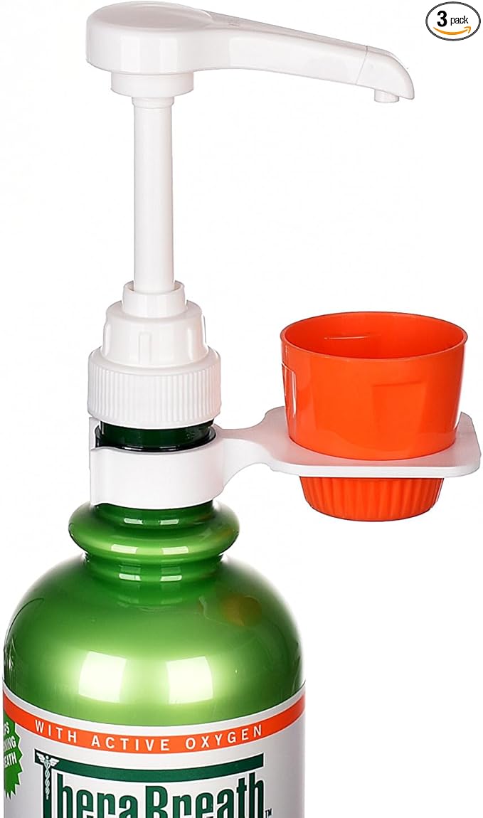 [Upgraded 3 Pack] Mouthwash Dispenser Pump with Cup Holder Set for TheraBreath 16 Fl Oz Mouthwash Oral Rinse, Fits ICY Mint, Mild Mint, Whitening, Anticavity, Kids, Alcohol-Free, etc.
