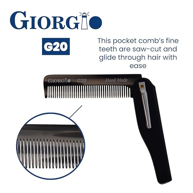 Giorgio G20 Fine Tooth Folding Mustache and Beard Comb - Small Pocket Comb for Everyday Hair Care and Styling - Sawcut and Hand Polished (Black Graphite)