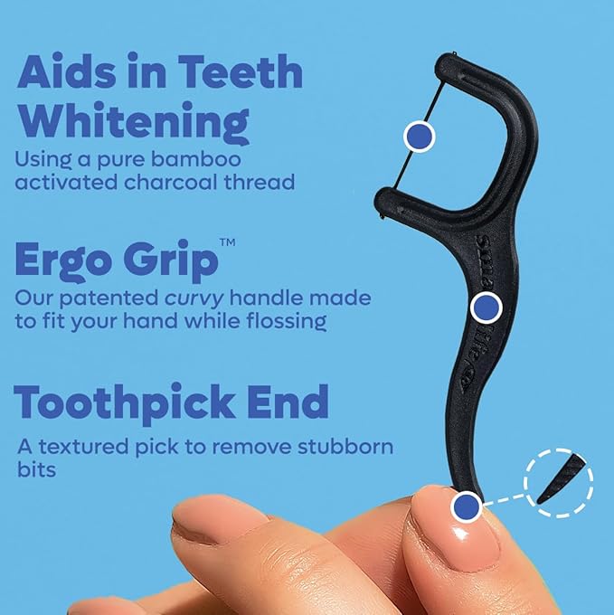 Individually Wrapped Dental Floss Picks (50ct) - Eco-Friendly Flosser Handle Made with Straw Wheat Blend | Great for Travel | PFA Free | Toothpick Stick End | Bamboo Charcoal Thread Whitens Teeth