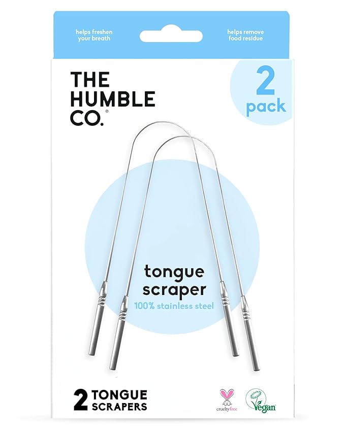 The Humble Co Tongue Scraper for Adults & Kids, 2 Pack - 100% Stainless Steel Tongue Cleaner Helps Eliminate Bad Breath & Bacteria - Dental Oral Care Products & Personal Hygiene Essentials