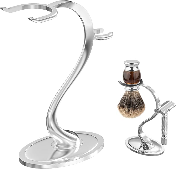 Linkidea Razor Holder Stand, Zinc Alloy Shaving Brush Organizer with Non-Slip Base, Safety Shaver Kit for Shower, Bathroom Compatible with Vikings Blade the Chieftain (Chrome)