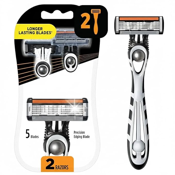 Men's Razor with 5 Blades, Precision Edging Blade, Longer Lasting Blades, 2 Razors