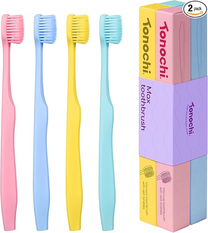 Max Extra-Soft Toothbrush for Adults Sensitive Gums – Gentle Bristles, Wide Angled Head for Back Teeth, Ergonomic Non-Slip Grip, BPA-Free Handle, Individually Wrapped,4-Pack (Assorted)